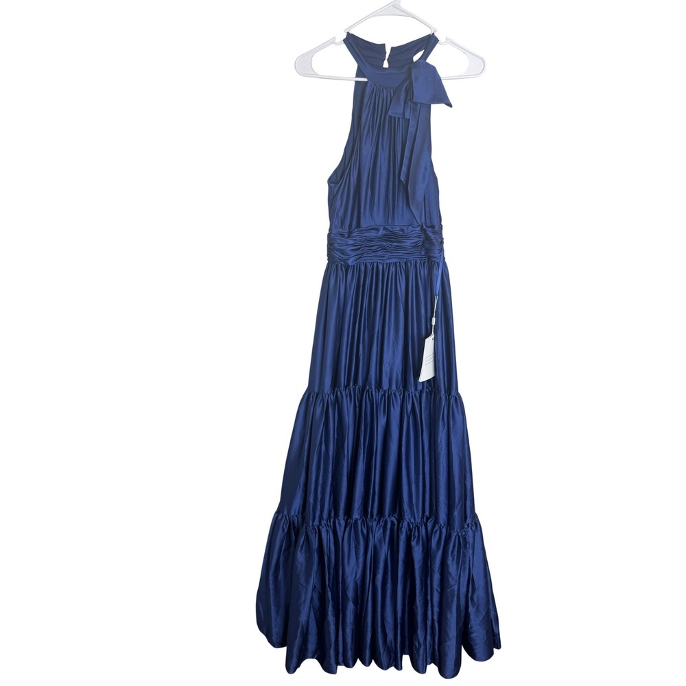 Mac Duggal Dress Womens 6 Blue Satin Halter Tiered Maxi Ball Gown Formal Evening